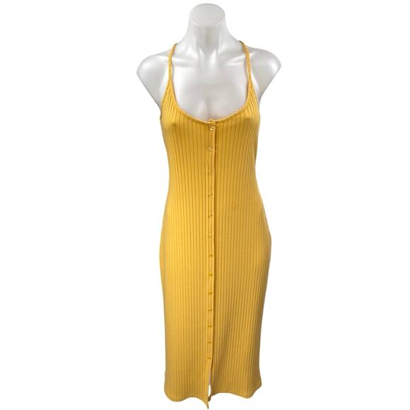 Zara Yellow Ribbed Sleeveless Cami Camisole Button Down Midi Tank Dress Size L - Picture 1 of 3